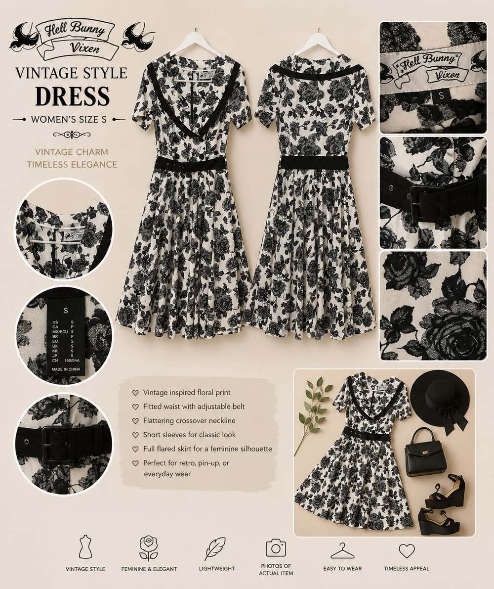 Hell Bunny Vixen Honor Vintage Style Floral Swing Dress, Black/White